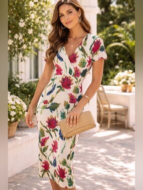 Zara Trafaluc Floral Velvet Feel Dress Small Midi V Neck Fitted